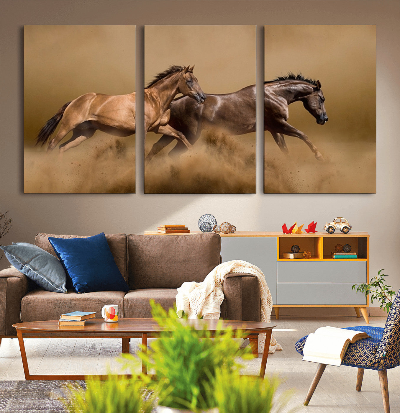 MGV-CV-60X30-3P - Large Wall Art Animal Canvas Print - Two Running Brown Horses