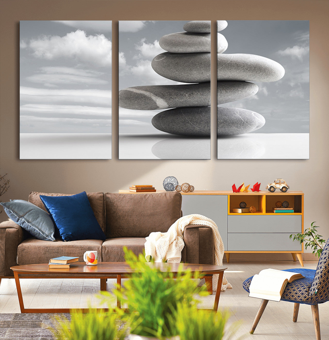 14496-MGV-CV-60X30-3P-Still Life Black and White Zen Stones Wall Art Canvas, Framed Black and White Zen Stones Canvas