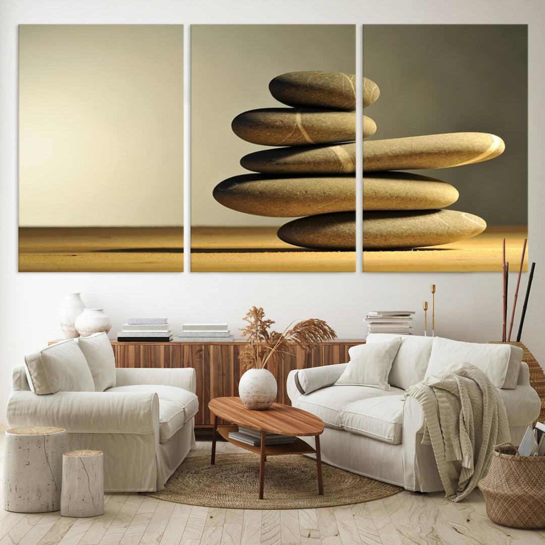 The Yellow Zen Stones on Yellow Background Wall Art is a striking feature in this minimalist kitchen.