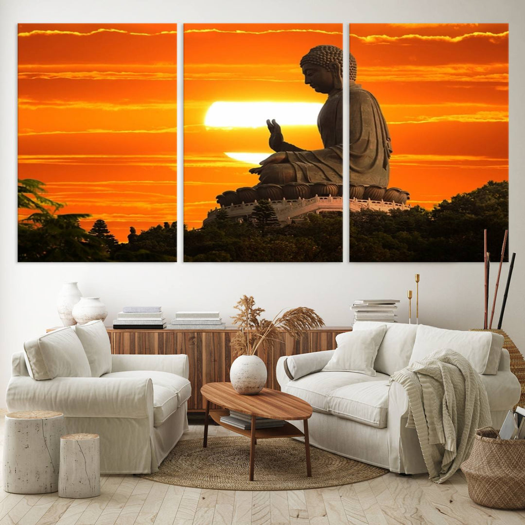 The Buddha Statue at Sunset canvas print adds serenity to the space.