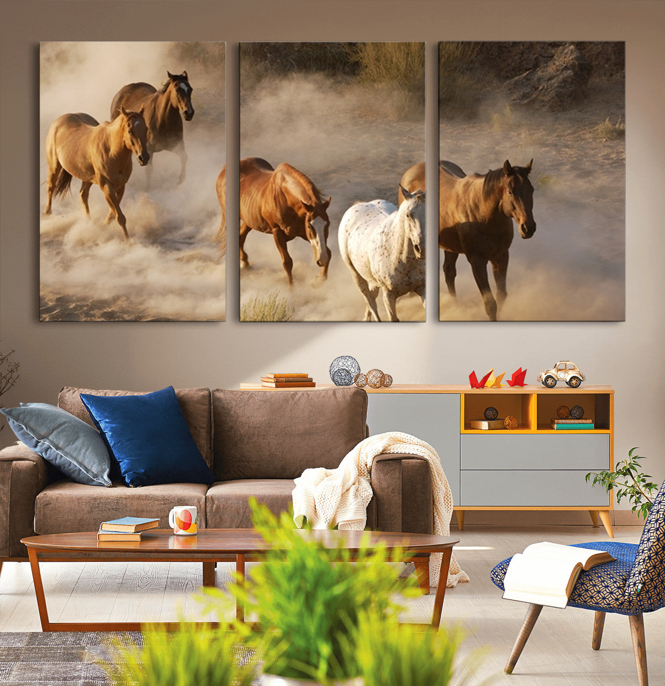 MGV-CV-60X30-3P - Large Wall Art 5 Horses Running on Sand Canvas Print