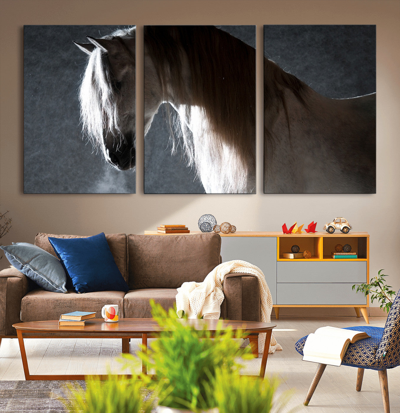 MGV-CV-60X30-3P - Large Wall Art Cream Colored Horse on Grey Background Canvas Print
