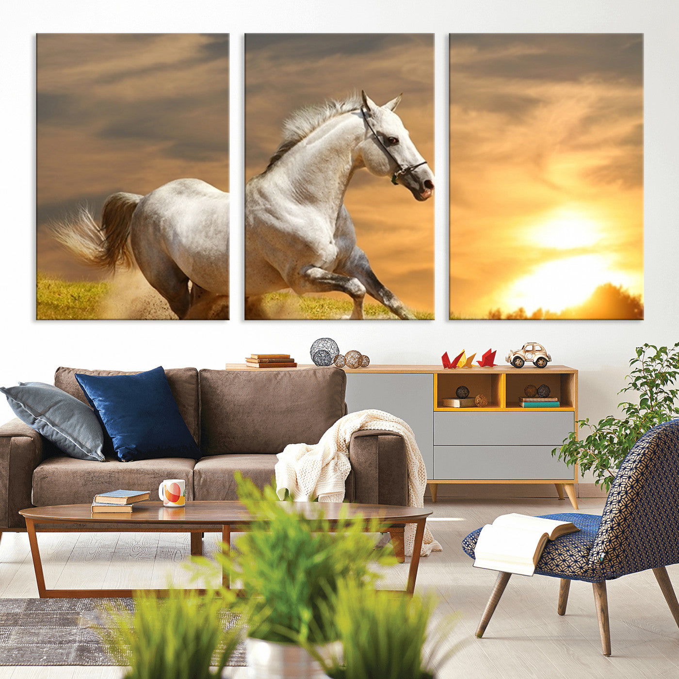 MGV-CV-60X30-3P - Large Wall Art Galloping White Horse at Sunset Canvas Print