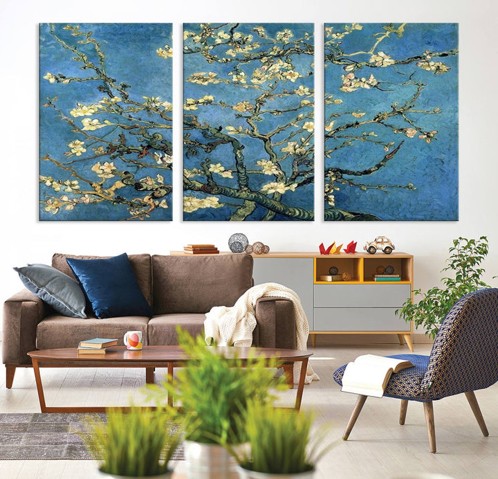 A Van Goghs Almond Blossom canvas print adds a touch of elegance to the wall.