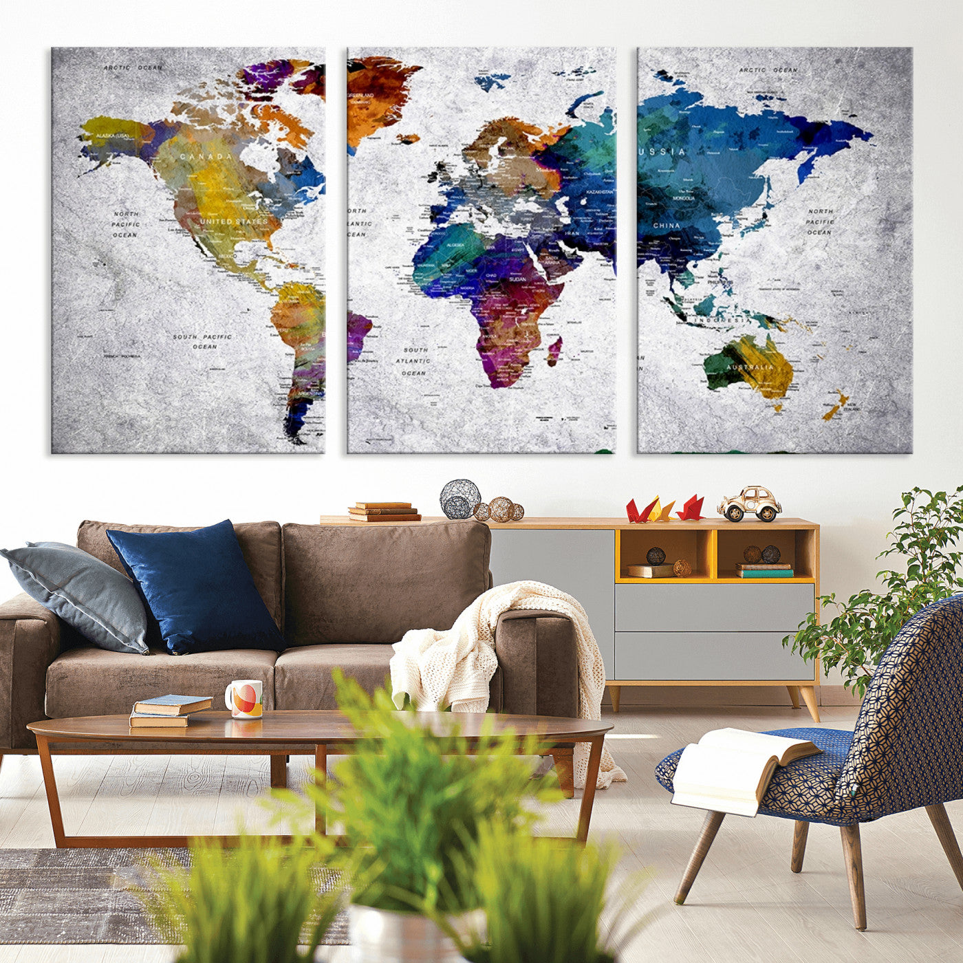 MGV-CV-60X30-3P - Push Pin World Map Canvas Print – Framed Wall Art for Couples to Track Their Travels – Anniversary