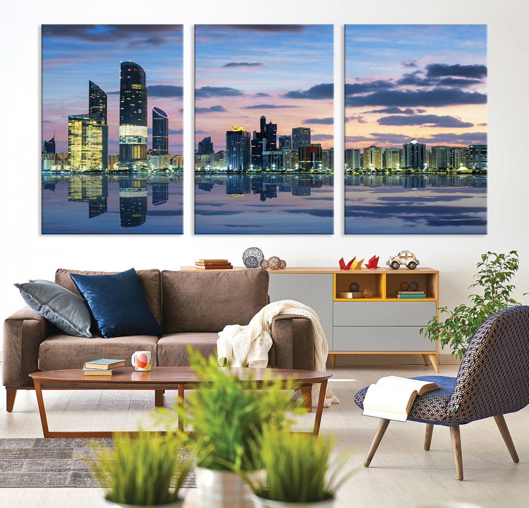 A gallery-quality wall art canvas print captures the Dubai city skyline with skyscrapers reflected in water at sunset.