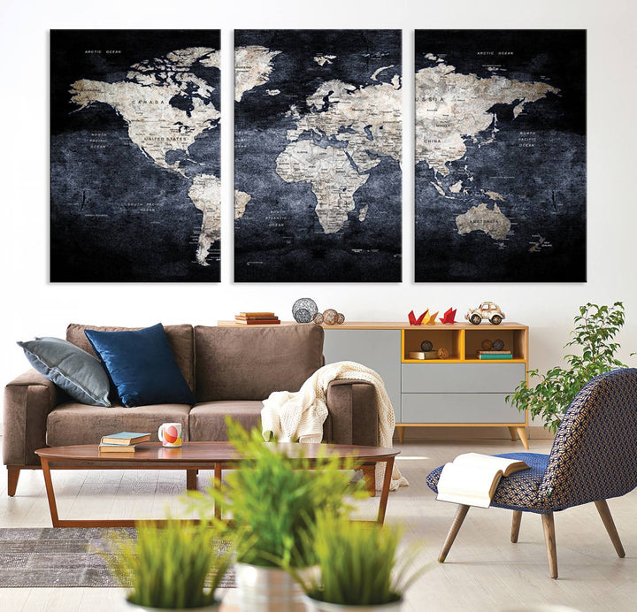 Rustic Black and Bronze World Map Canvas Triptych features white continents on a grunge-stained background.