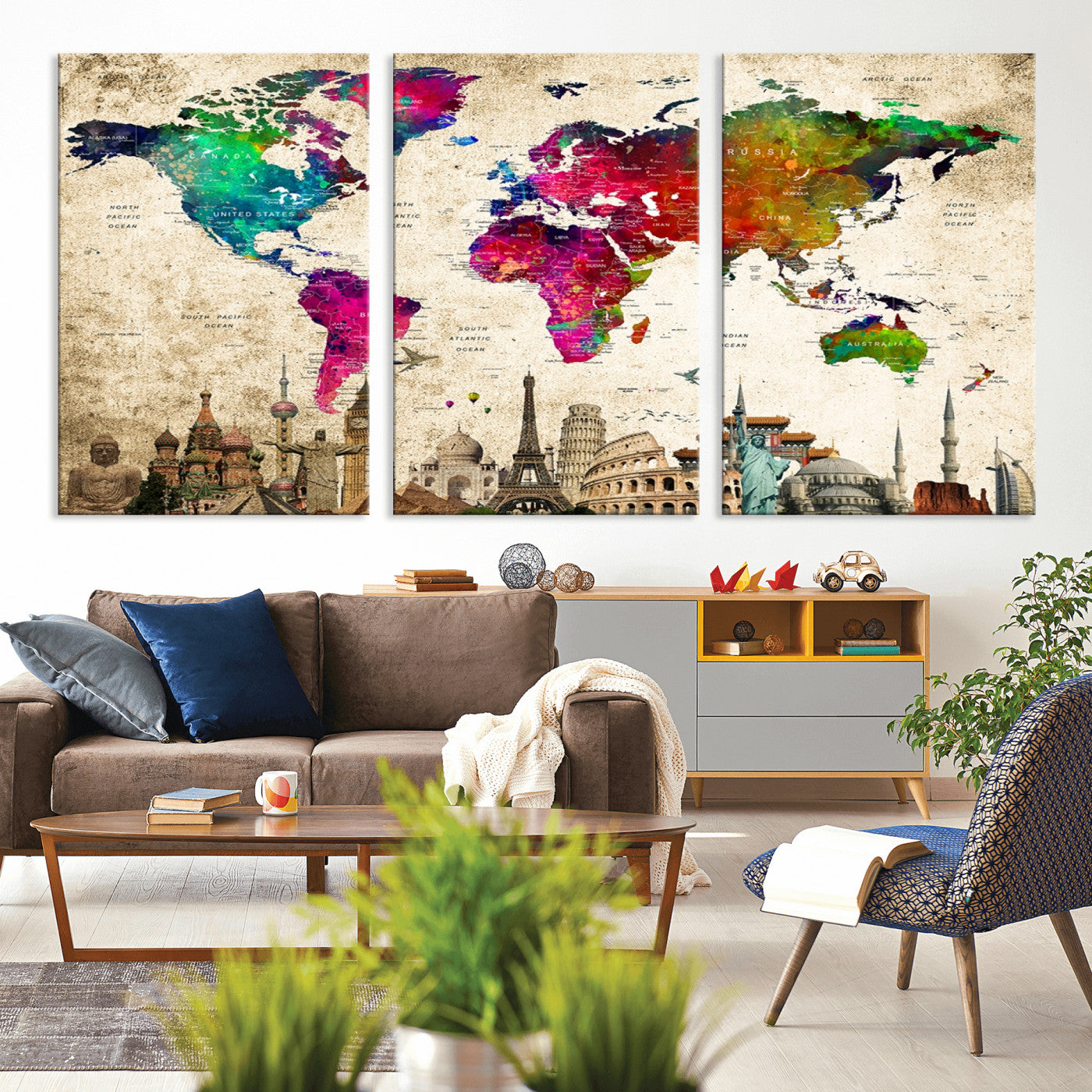 MGV-CV-60X30-3P - Push Pin World Map Canvas Print – Framed Wall Art for Couples to Track Their Travels – Anniversary