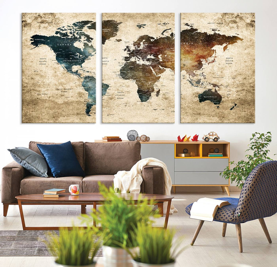 Vintage World Map Canvas Wall Art, perfect for antique-style decor, displayed against a light wood wall.