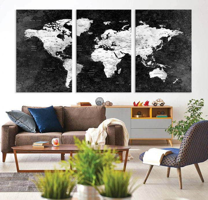 The dining room features a Modern Grayscale World Map 3-Panel Canvas Art as its focal point.