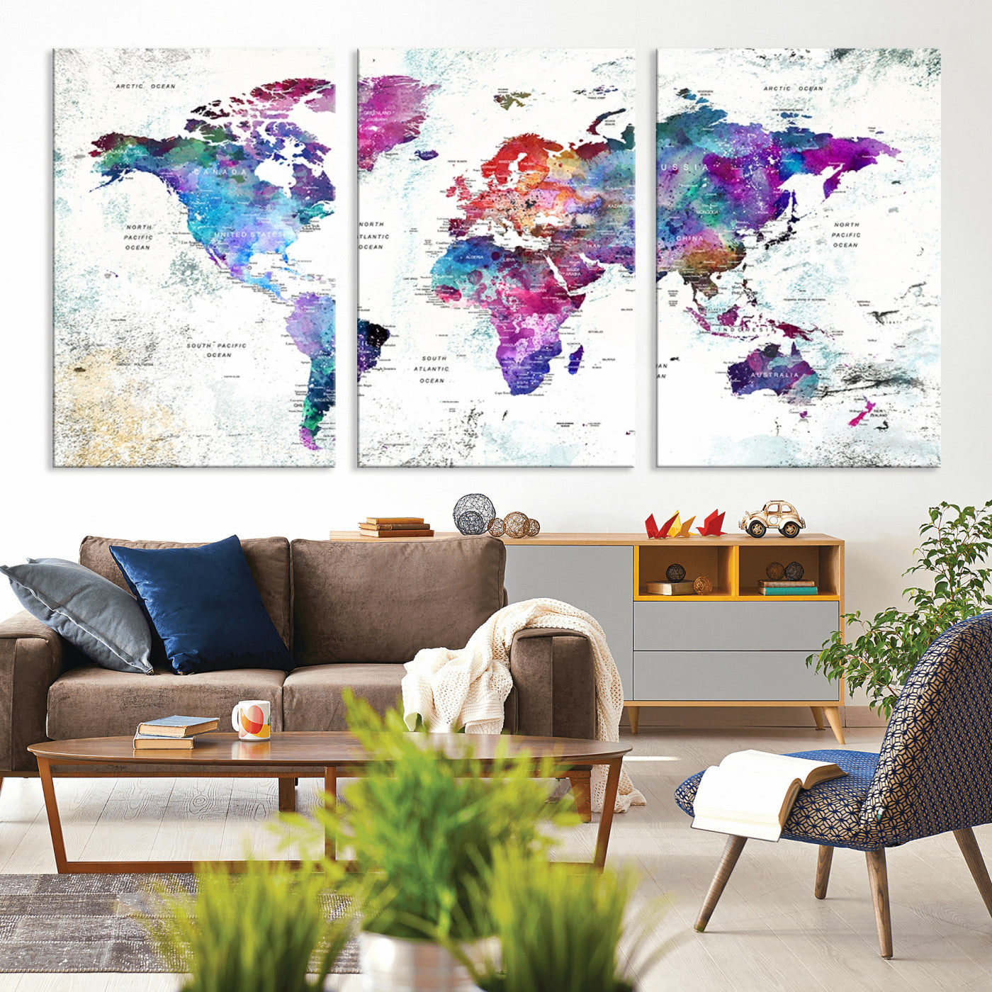 MGV-CV-60X30-3P - Push Pin World Map Canvas Print – Framed Wall Art for Couples to Track Their Travels – Anniversary