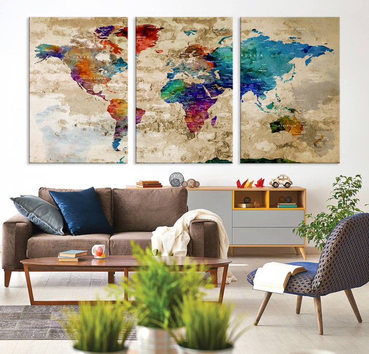 An Abstract Large Watercolor World Map Canvas Print hangs prominently.