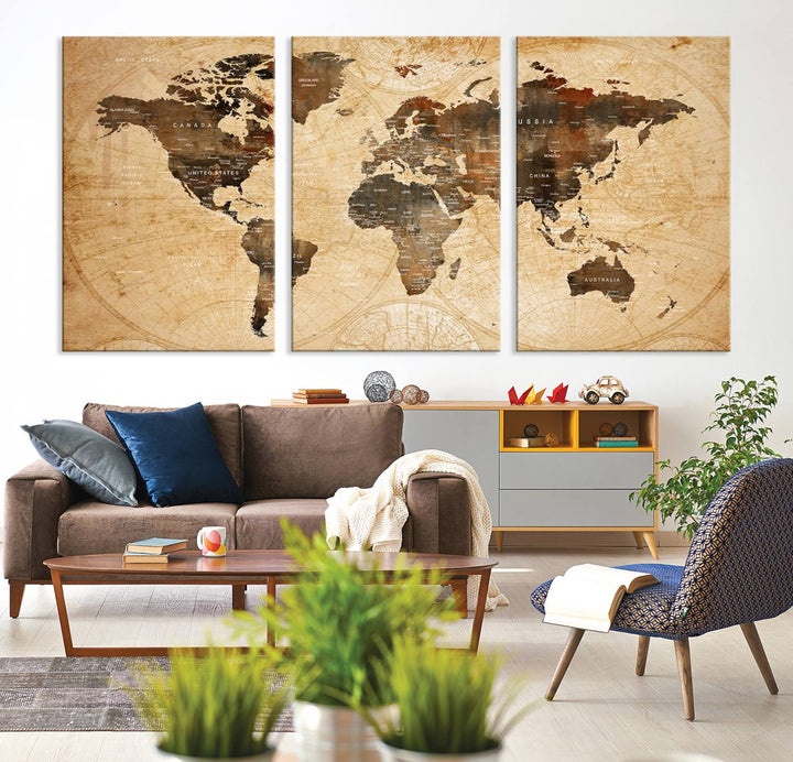 Vintage World Map: 3-Panel Canvas Print in antique rustic style. Framed and gallery wrapped. Ideal for decor.
