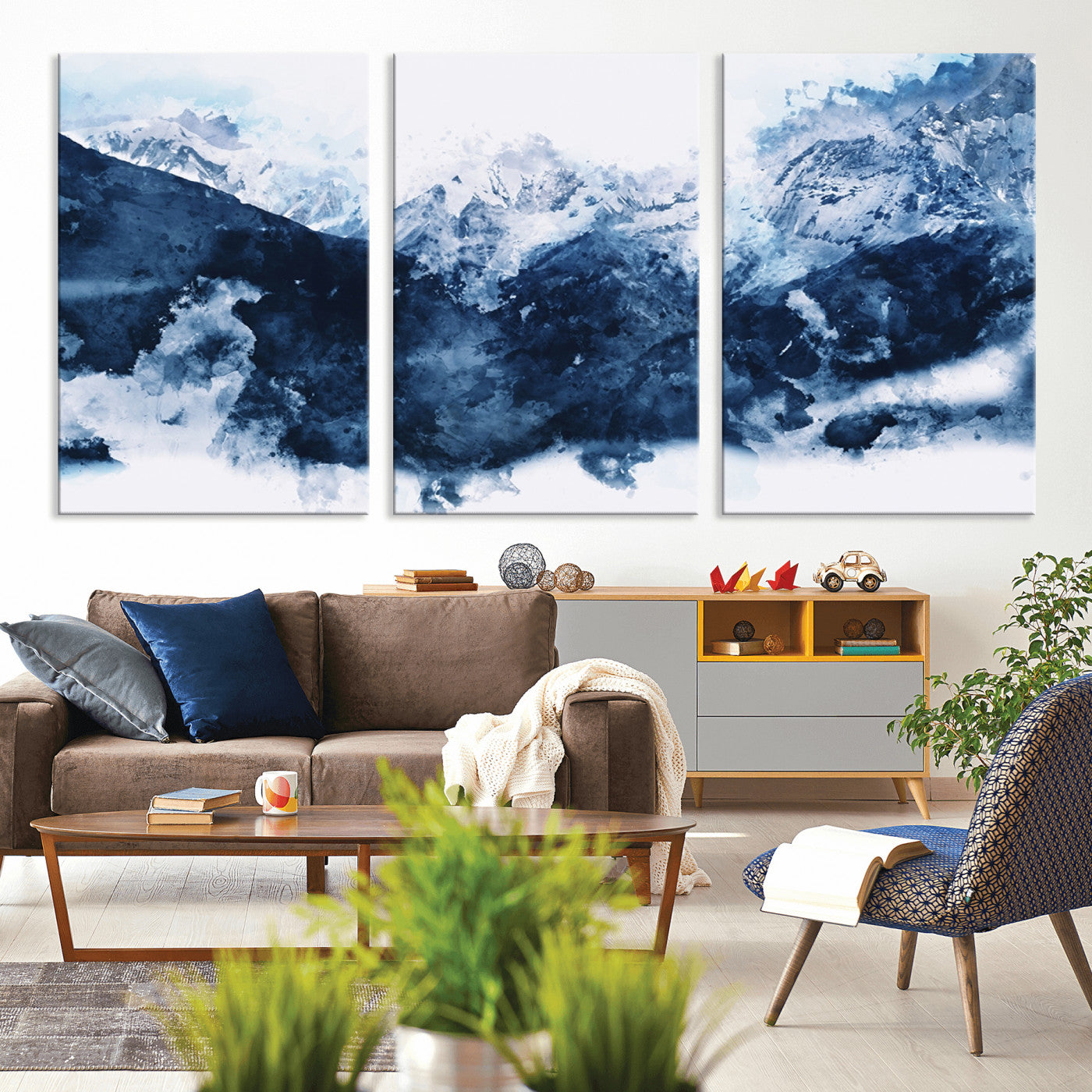 81700-MGV-CV-36X24-Abstract Blue Mountain Canvas Wall Art – Modern Triptych Landscape Print – Contemporary Nature Decor for Living Room or Office – Ready to