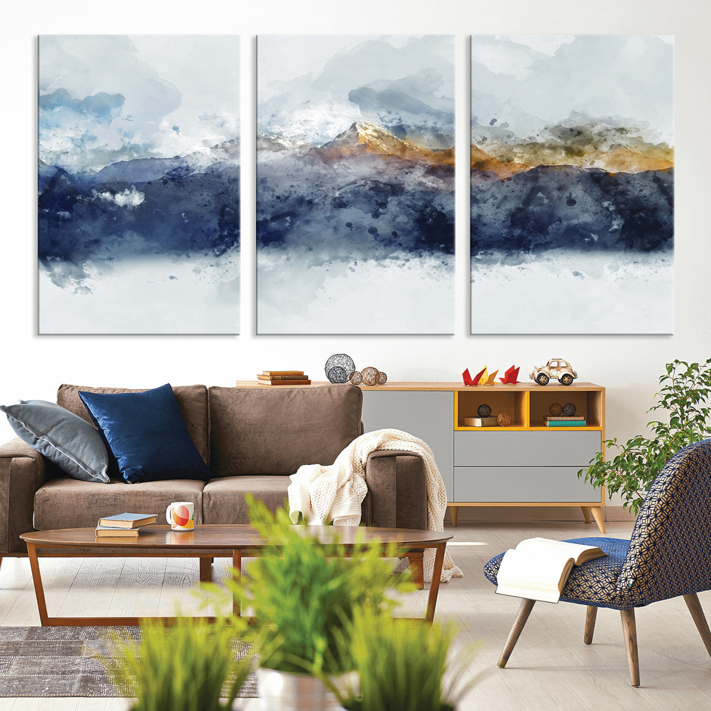 89149-MGV-CV-36X24-Abstract Mountain Range Art Canvas Print | 3 Panel Watercolor Landscape for Living Room, Office, or Bedroom | Large Ready-to-Hang Artwork