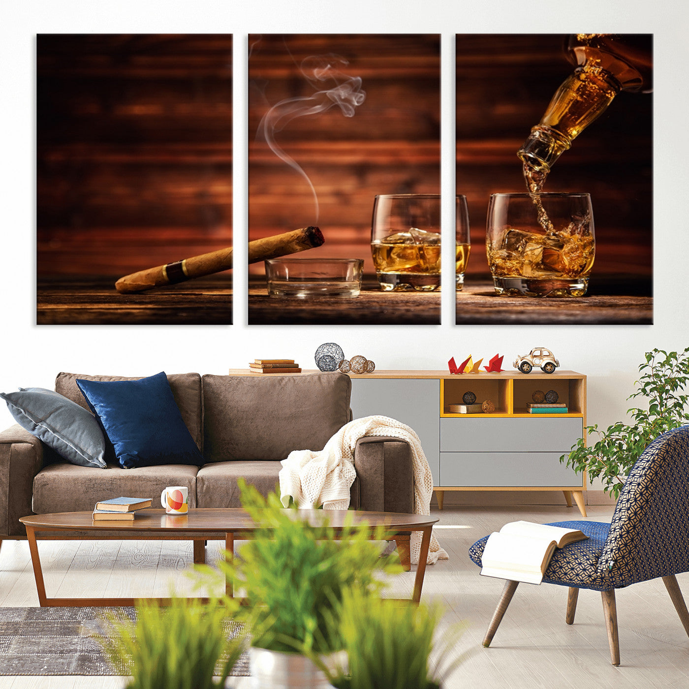 MGV-CV-60X30-3P - Whiskey and Cigar Wall Art Canvas | 3 Panel Bar Room Decor for Home Lounge, Office, or Man Cave |
