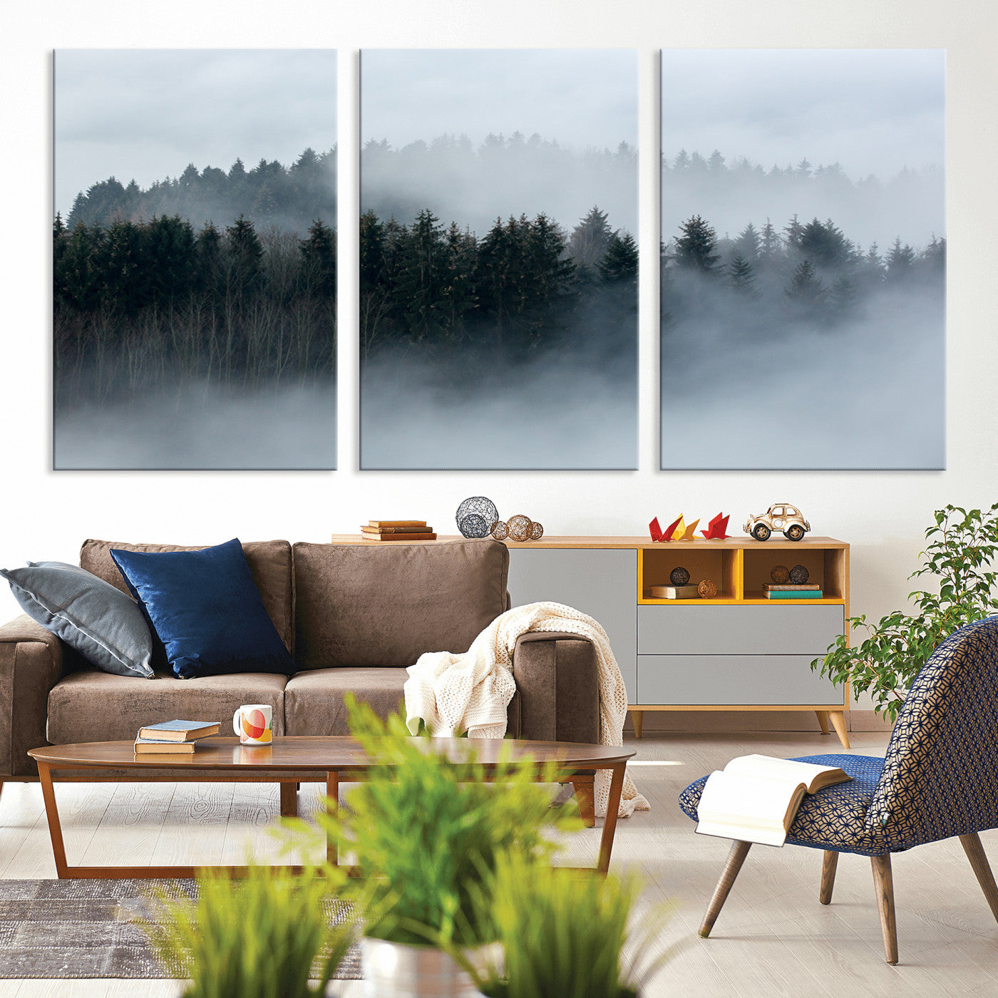 MGV-CV-60X30-3P - Autumn and Misty Trees in the Forest Wall Art Canvas Print, Foggy Forest Mountain Wall Art Canvas