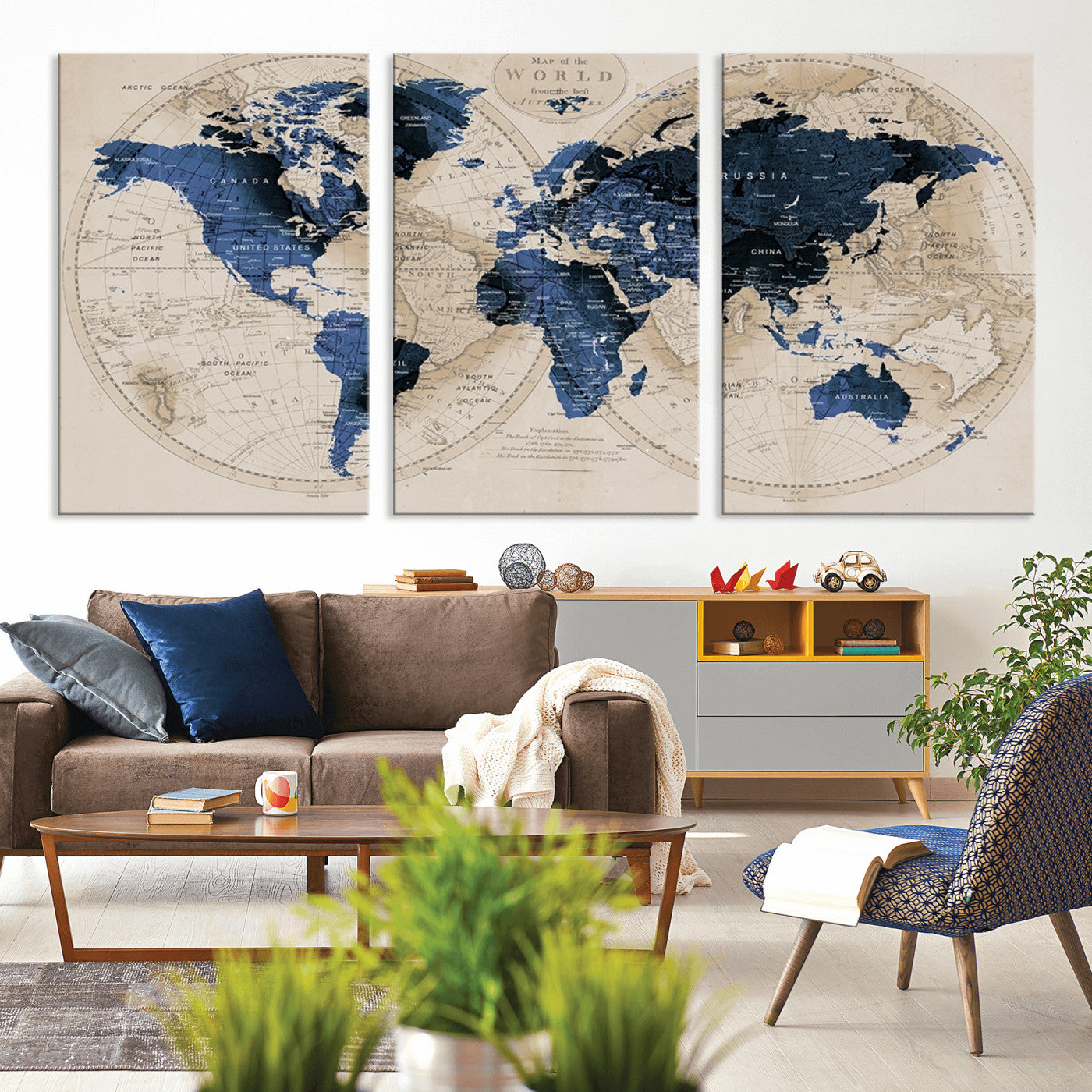 MGV-CV-60X30-3P - World Map Wall Art Canvas Print for Home and Office Decor