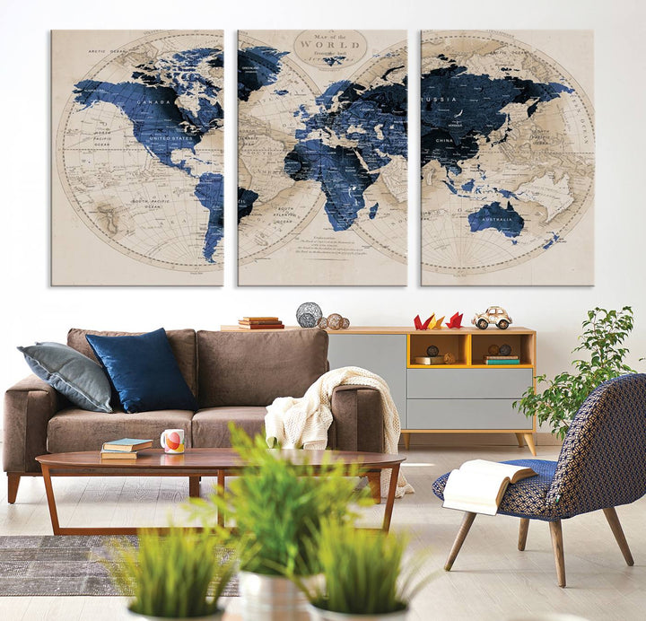 The Vintage Triptych Map Print is a grunge-stained blue and beige world map, perfect for enhancing wall decor.