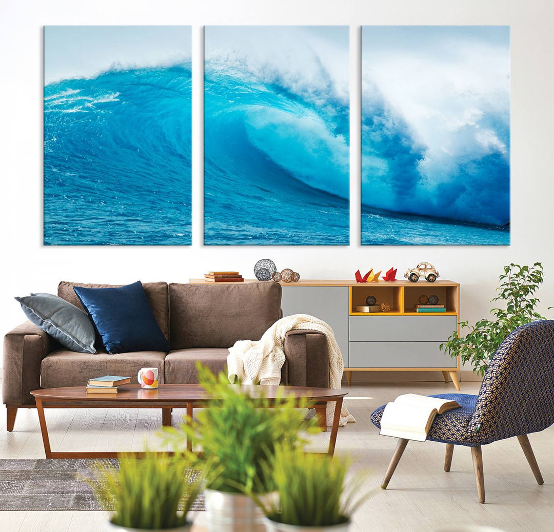 A museum-quality canvas depicting a vibrant blue ocean wave with white foam under a clear sky.