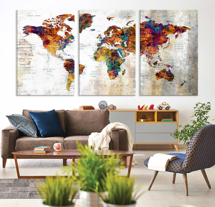 A vibrant Grunge Map Canvas Wall Art Set (3 Panels) for home or office decor, perfect for travel enthusiasts.