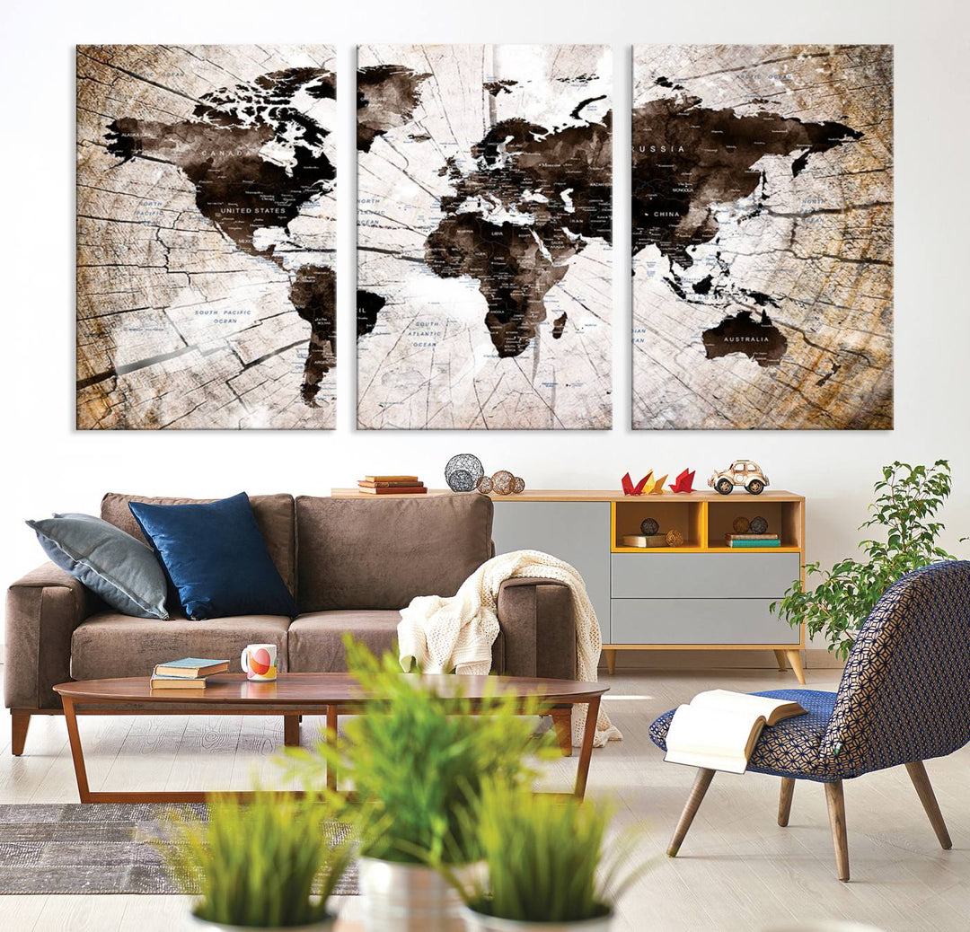 The Tree Ring World Map Canvas hangs above the table, blending into the nature-inspired setting.