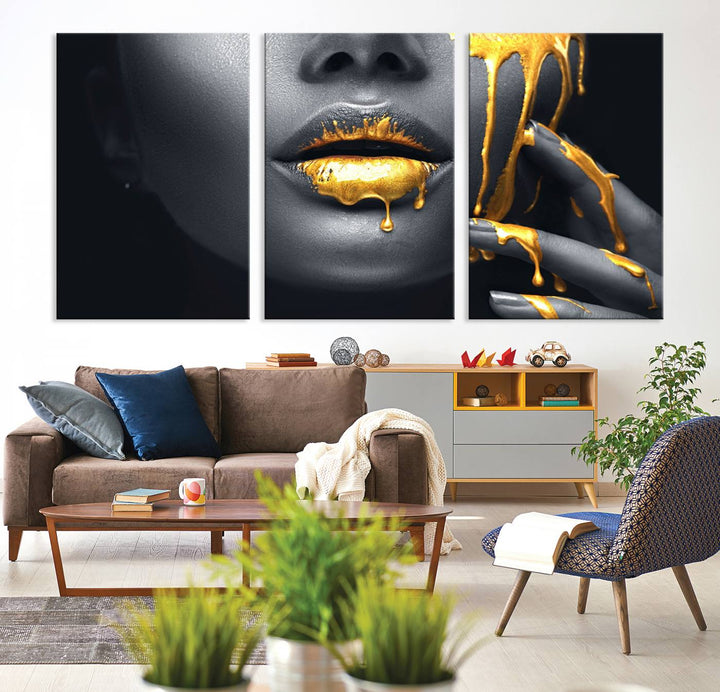 The Gold Lips and Black Woman Makeup Canvas Print features a chic monochrome face design, making it ideal for a modern dining room.