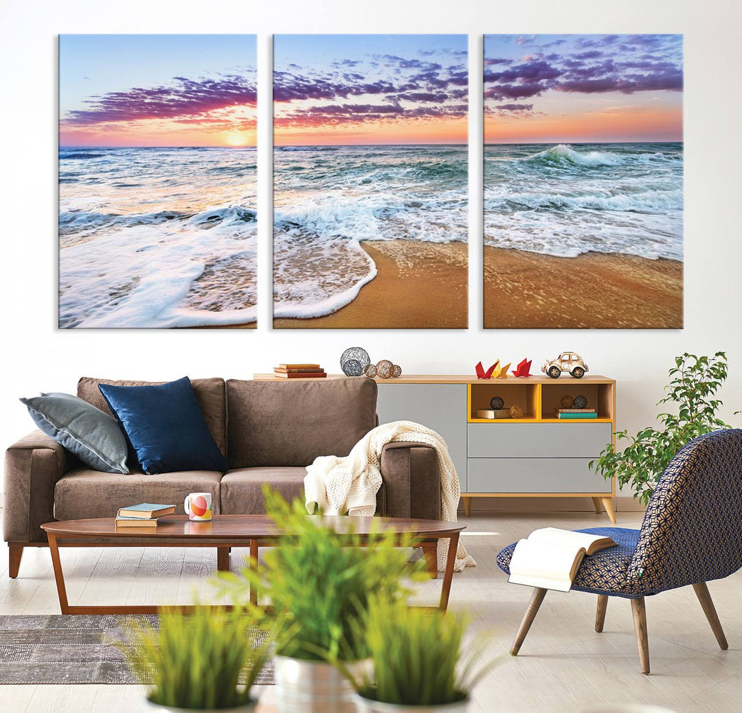 The Tropical Beach Waves Art Print, depicting an ocean sunset and sandy shore, enriches the coastal decor of the dining area.