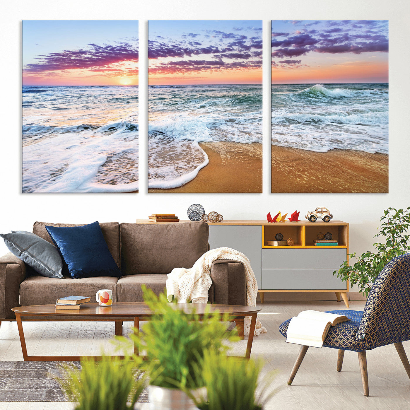 MGV-CV-60X30-3P - Coastal Sunset Art Beach Canvas Wall Art Print | Ocean Waves Wall Art | Large 3-Panel Seascape for