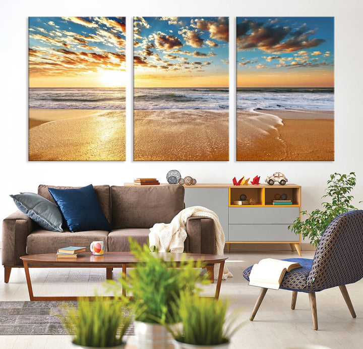 A gallery-wrapped canvas titled Soothing Sunset on Calm Beach is featured.