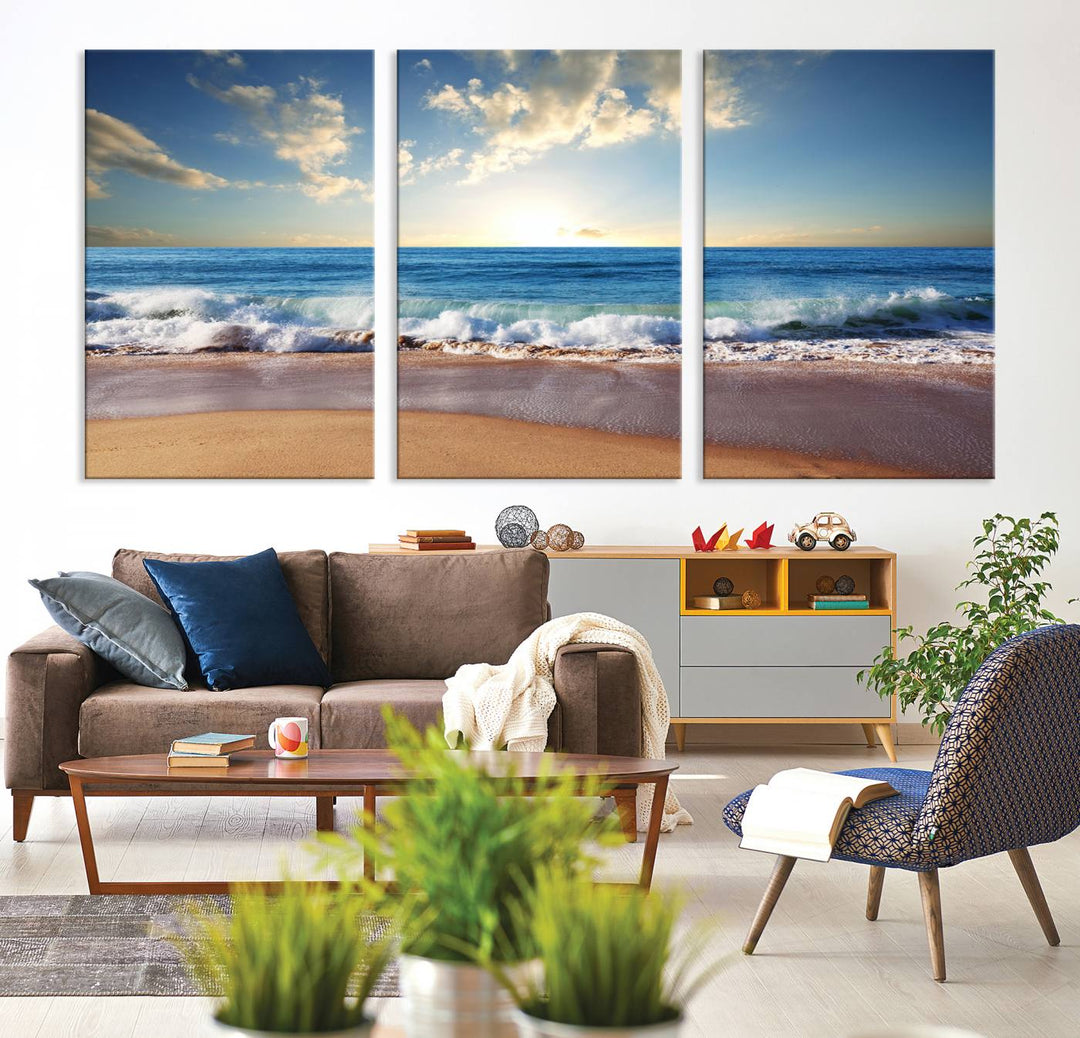 The dining room features a Coastal Tropical Beach Sunset canvas wall art.