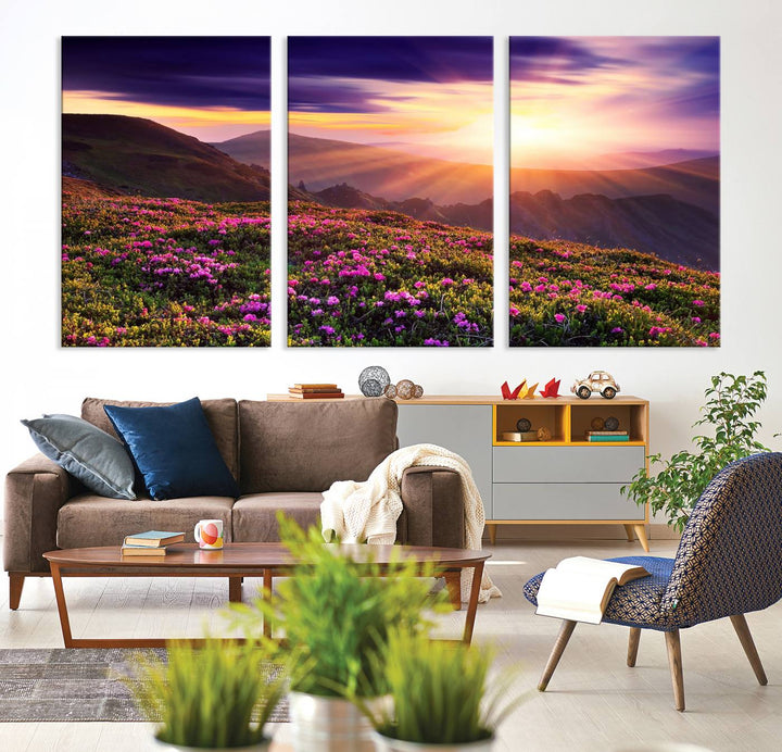 Gallery-wrapped wall art of a stunning mountain sunset and purple flowers.