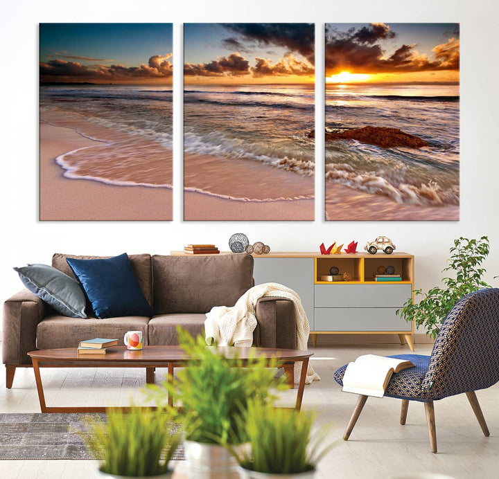 The Sunset on Ocean Wall Art Canvas Print beautifully captures a beach sunset, gentle waves, and a peaceful atmosphere.