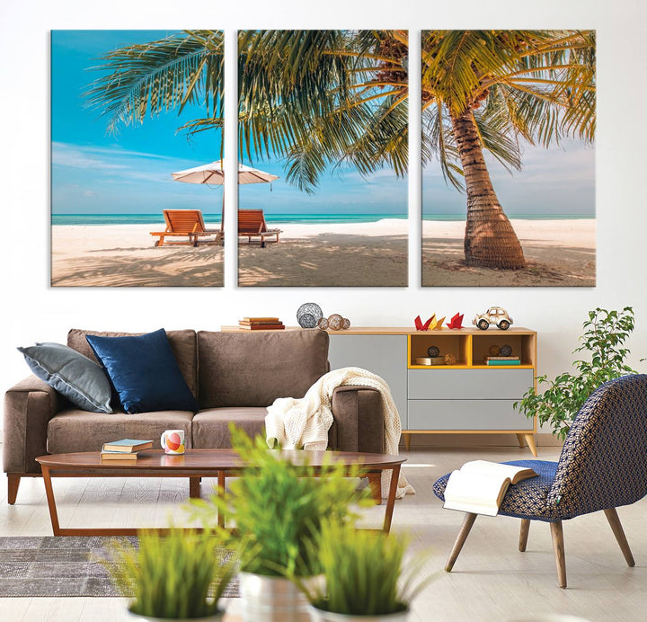 The 3-panel Tropical Beach Wall Art features palm trees and sun loungers, perfect for coastal decor.