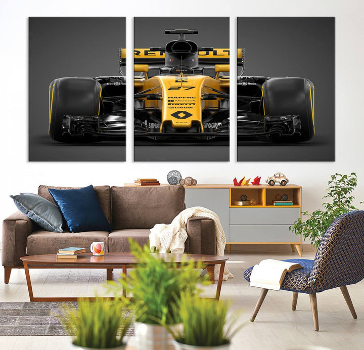 A yellow and black F1 Renault car canvas print with free shipping.