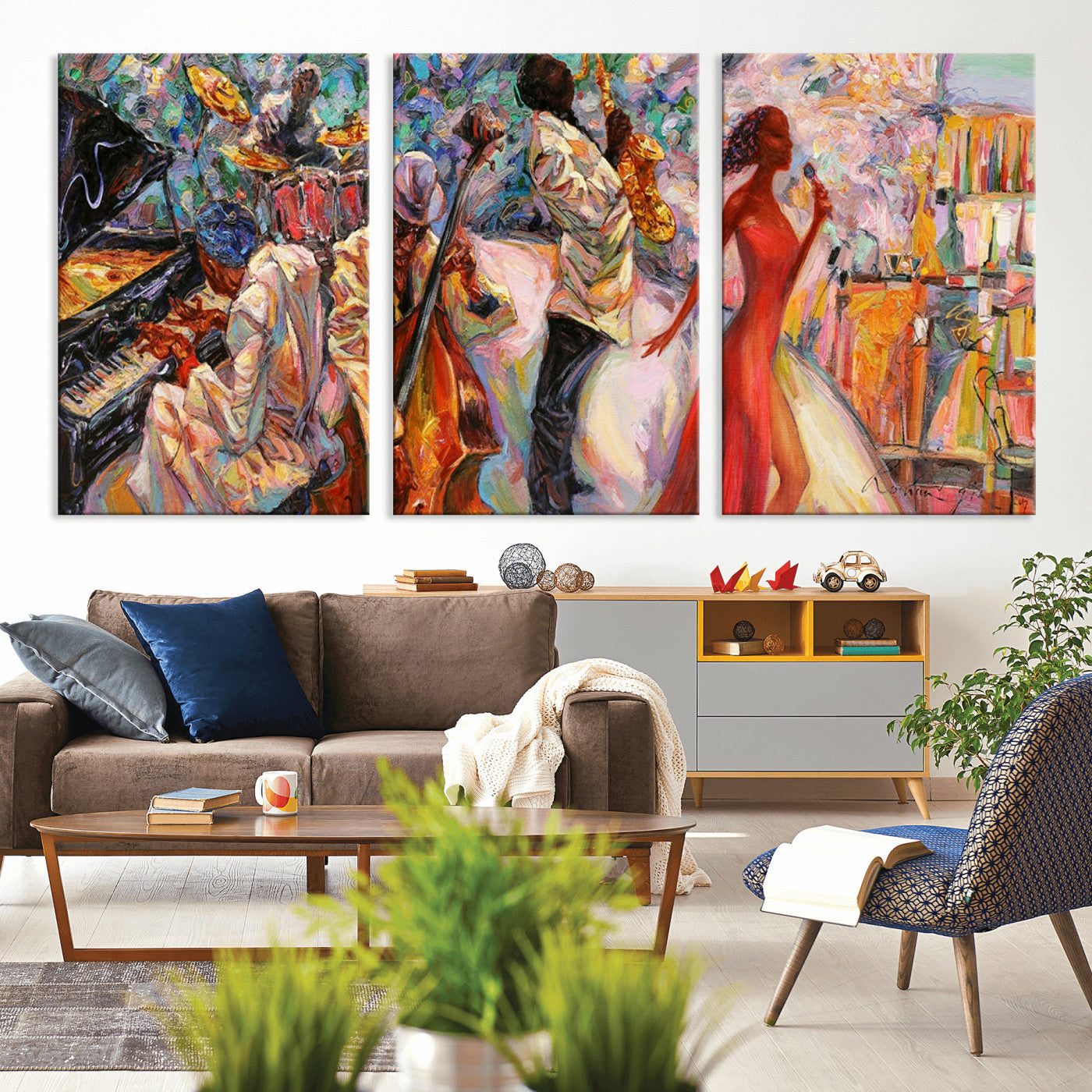 MGV-CV-60X30-3P - Abstract Afro American Jazz Canvas Wall Art | Music-Inspired Painting for Dining Room, Living Room,