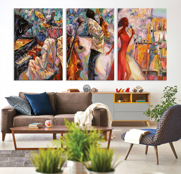 A vibrant 3-panel Afro Jazz band art is displayed prominently.