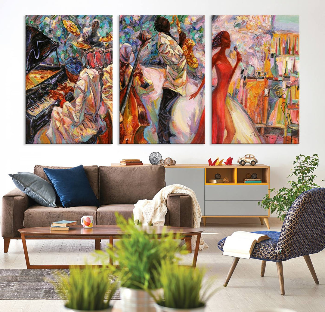 The Abstract Afro American Jazz Canvas captures a vibrant jazz band and showcases a woman dancing in red, making it perfect for dining or music spaces.