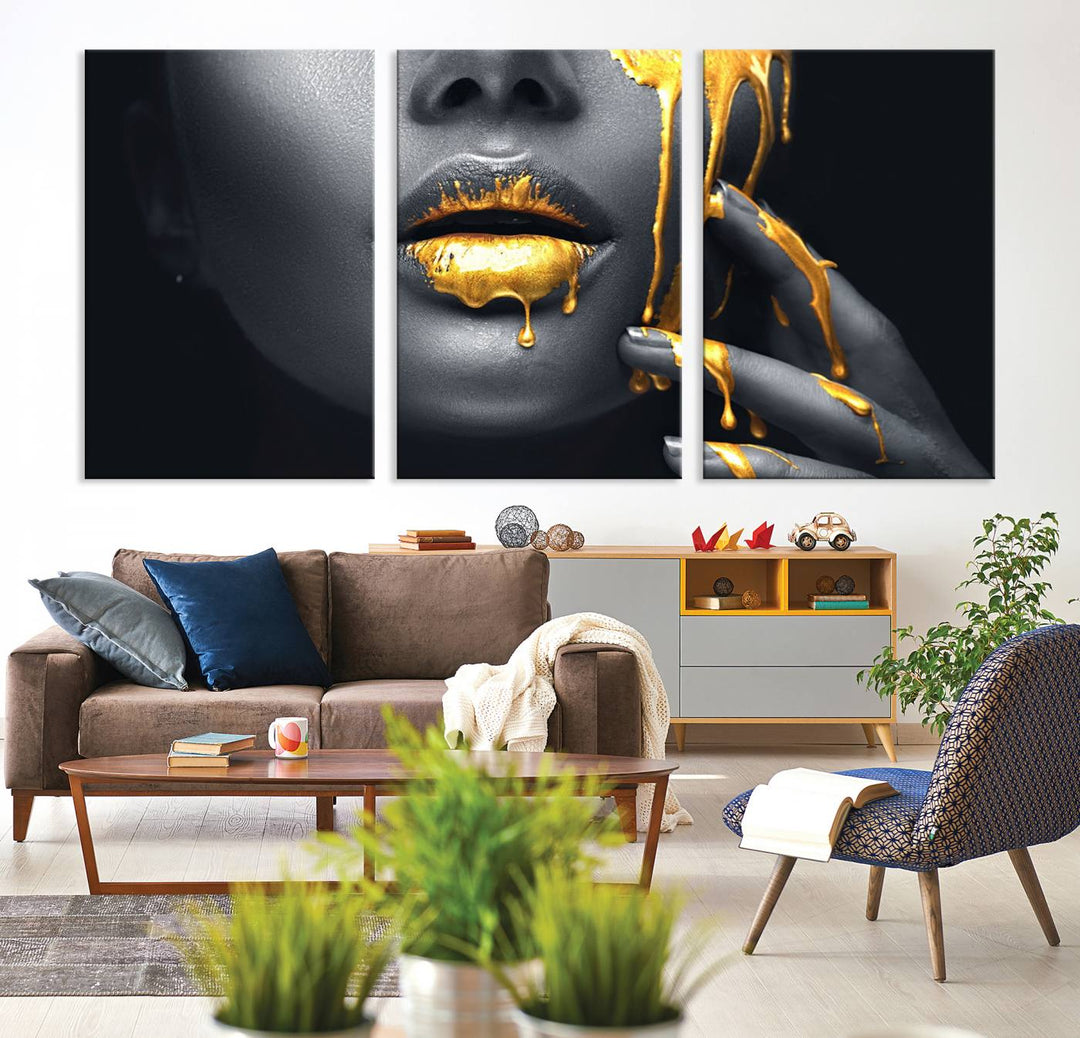 Above the dining area is the Gold Glitter Lips Fashion Makeup canvas wall art.