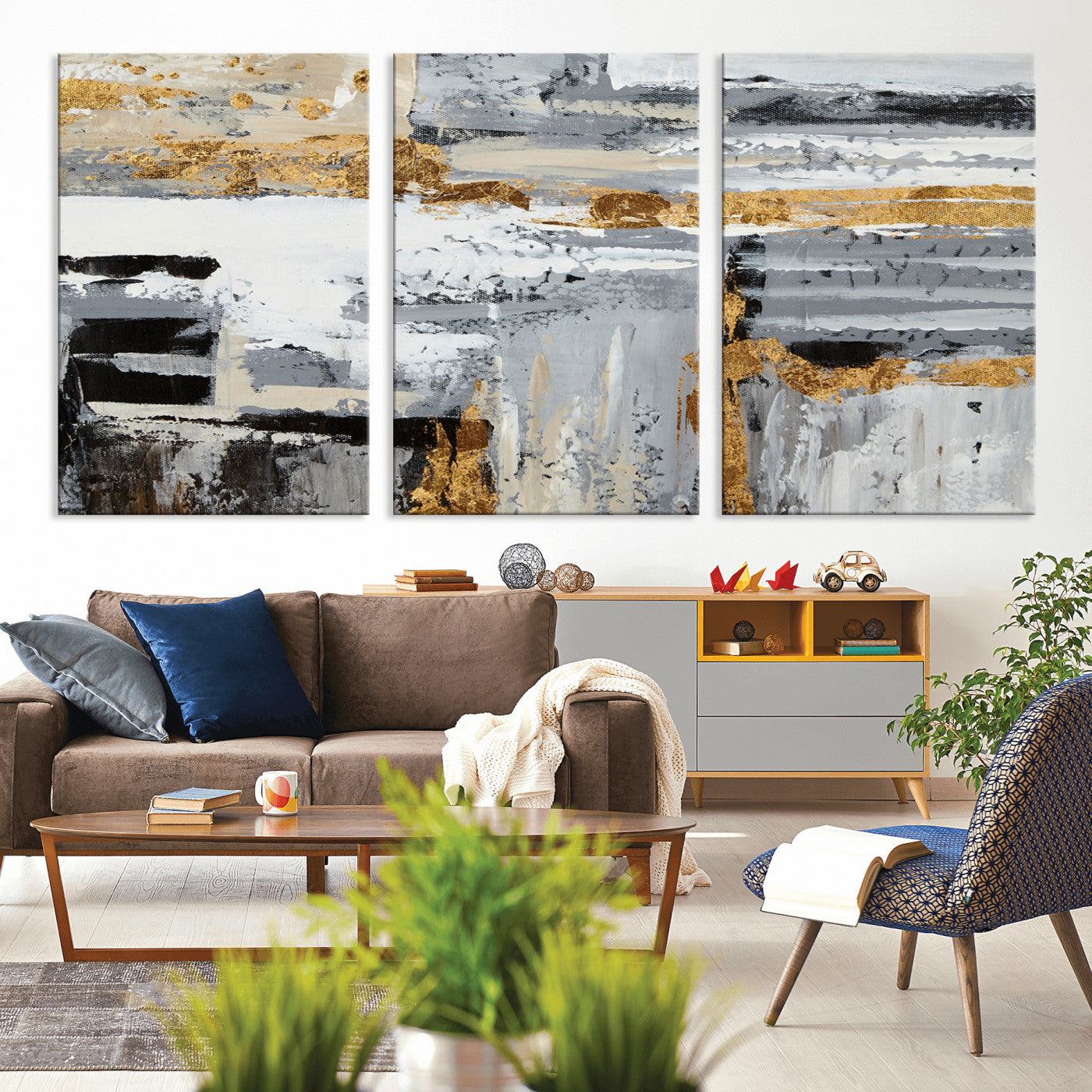 43177-MGV-CV-36X24-Abstract Painting Canvas Wall Art Print Paint Drip Art Brush Strokes Gray Artwork