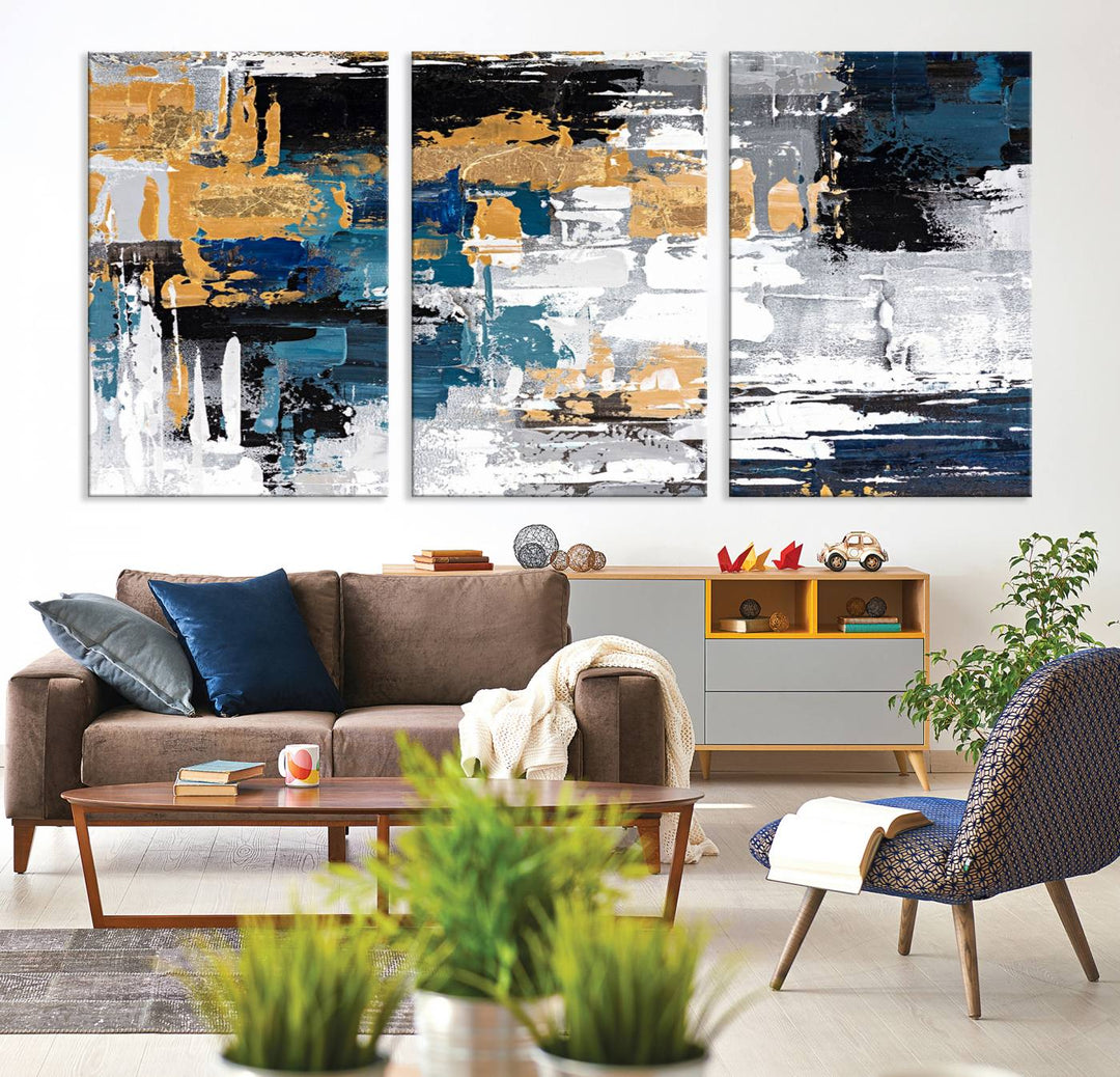 Blue and Gold Abstract Canvas Wall Art hangs prominently.