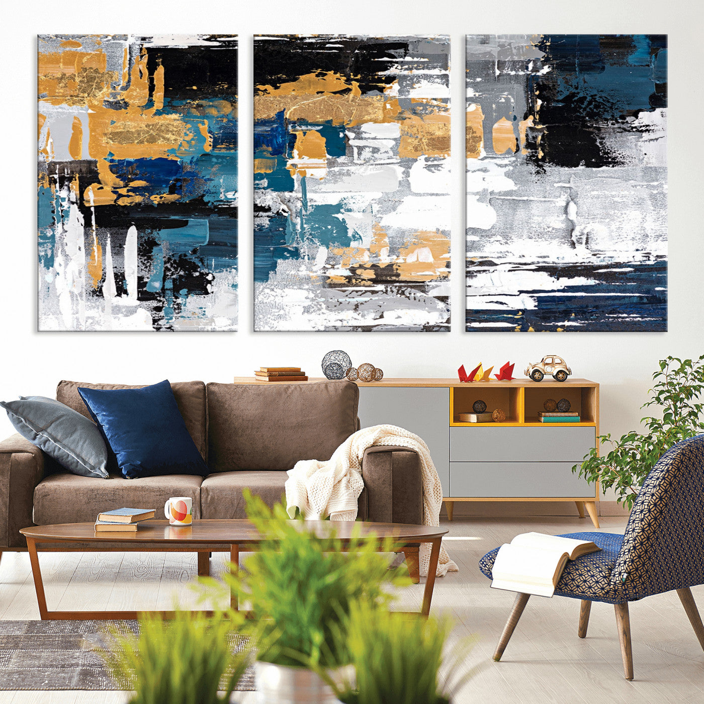 57708-MGV-CV-36X24-Blue and Gold Abstract Canvas Wall Art – Triptych Modern Painting for Living Room – Framed and Ready to Hang
