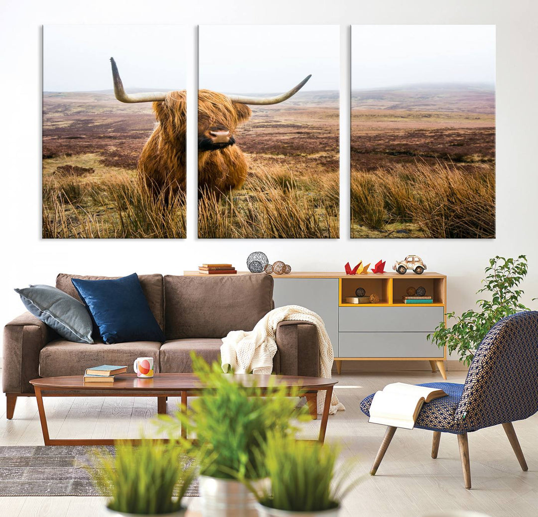 A ready-to-hang Scottish Highland Cow Cattle Canvas Wall Art.