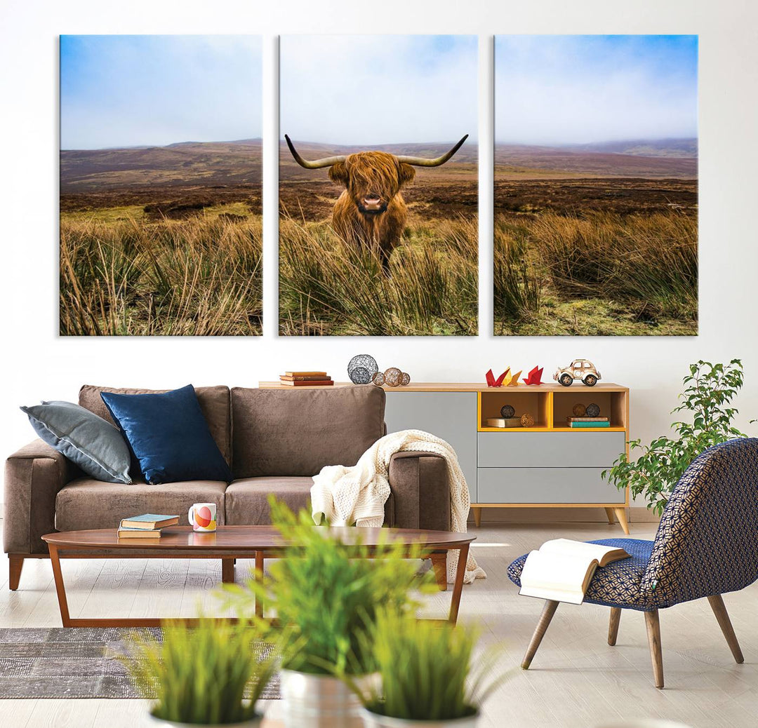 A Scottish Highland Cow art print canvas with UV-protection adorns the wall, preserving vivid details.