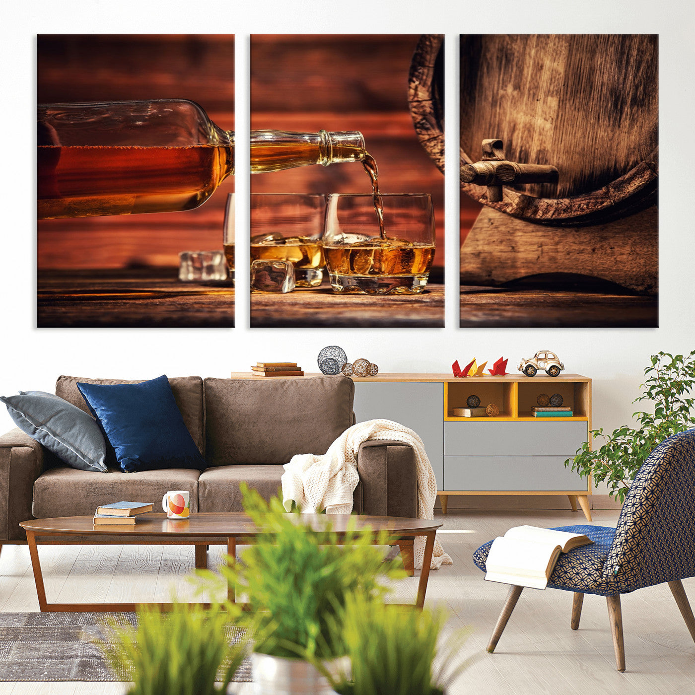 MGV-CV-60X30-3P - Whiskey and Cigar Canvas Wall Art | 3 Panel Bar Room Decor for Home Lounge, Office, or Man Cave |
