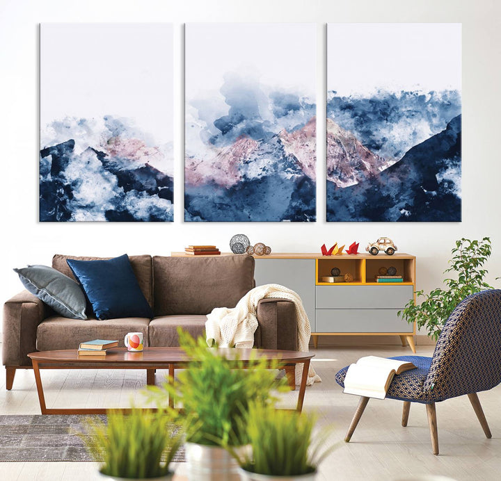 A modern kitchen showcases an Abstract Watercolor Mountain Landscape Art Canvas Print.