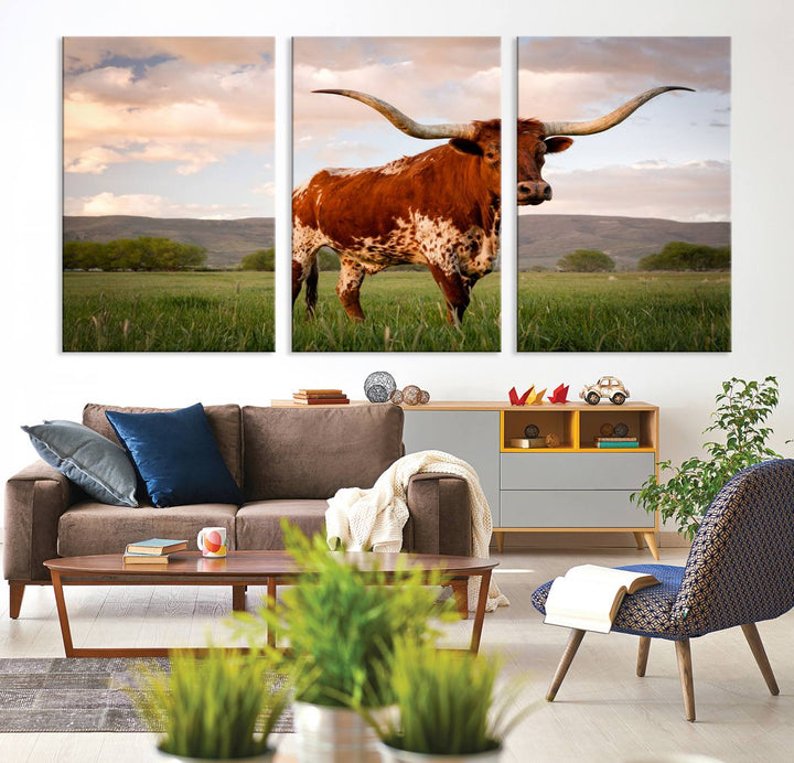 The Texas Cow Canvas Wall Art print captures a longhorn cow at sunset and is ready to hang.