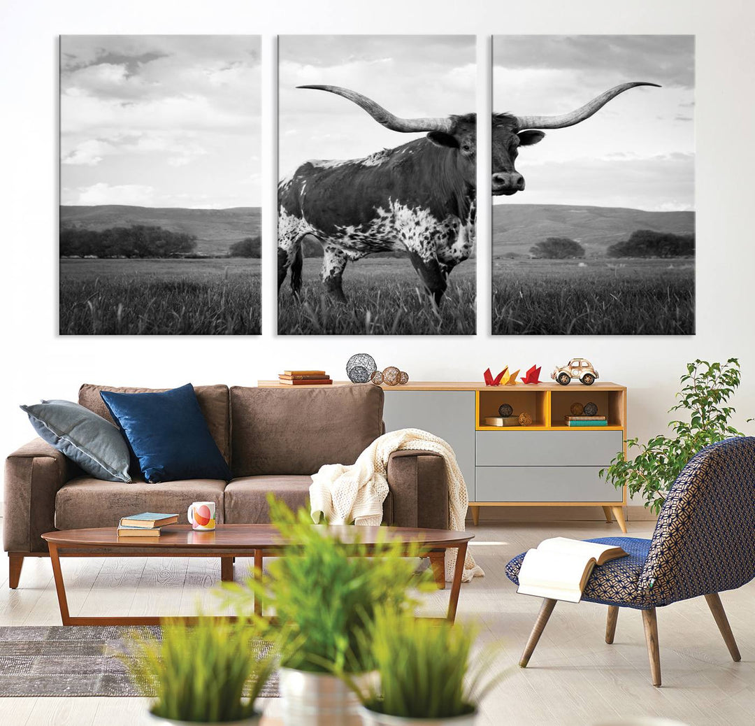 A Black and White Longhorn Texas Cow Canvas Wall Art.