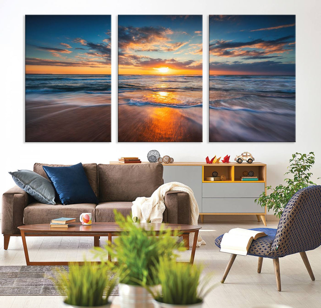 A museum-quality Beautiful Sunset over the Horizon canvas adorns the living room wall.