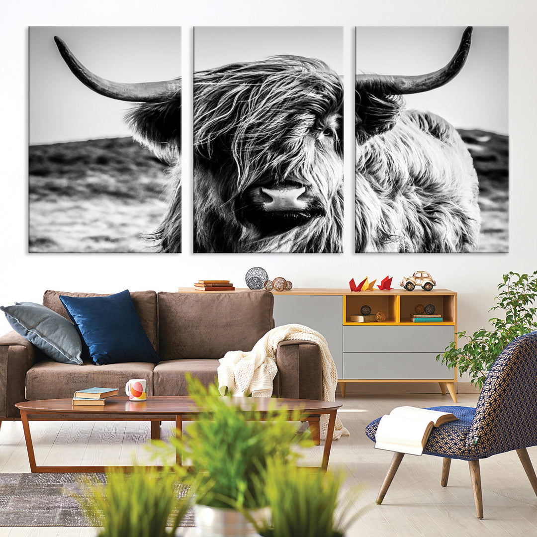 Highland Cow Wall Art | 3-Panel Black and White Highland Cow Canvas Print for Western Farmhouse Decor